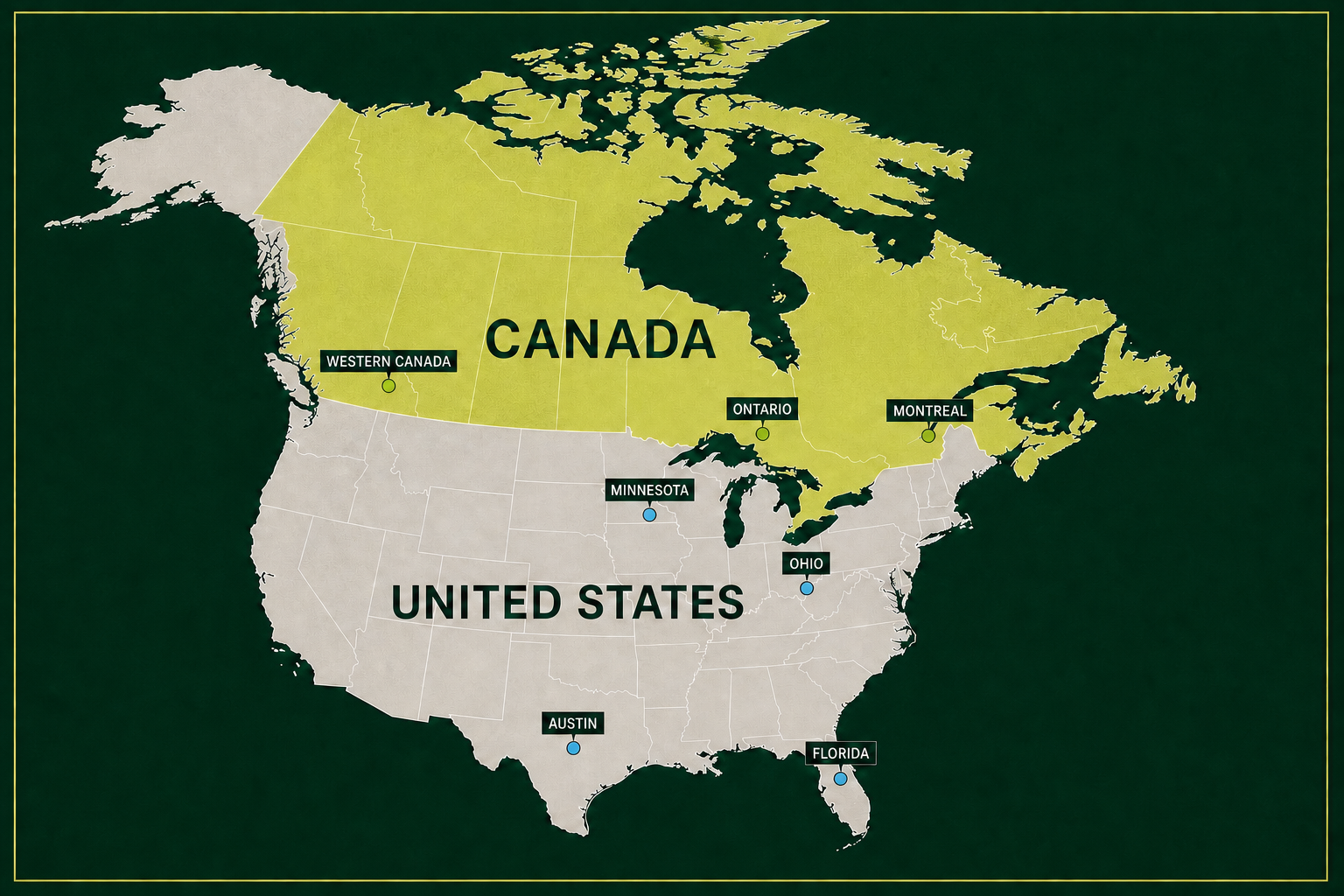 Map of Canada and the United States with Alaska shown as U.S. territory